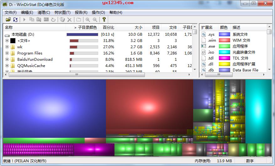 WinDirStat 绿色中文汉化版_硬盘空间使用分析统计查看工具